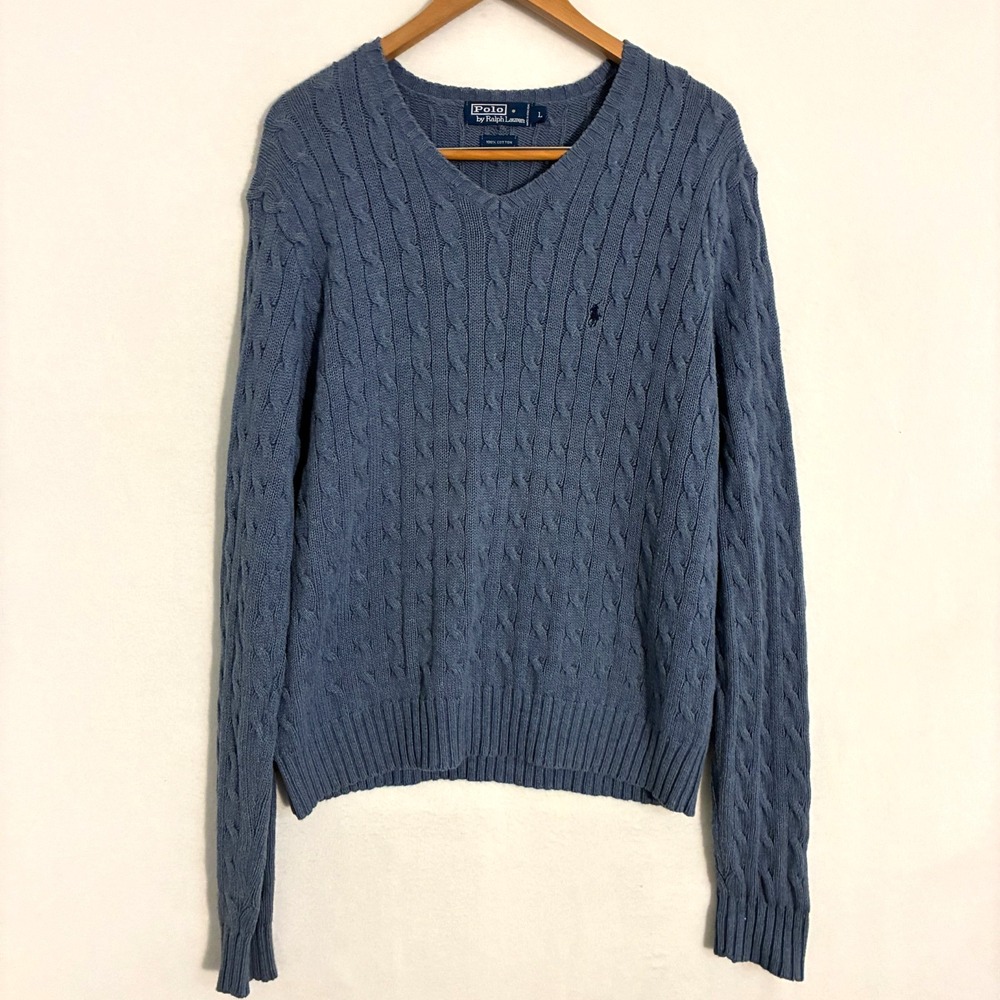 Vtg 90s Polo Ralph Lauren Sweater Men's L Cable Knit V Neck Preppy Luxury Y2K
